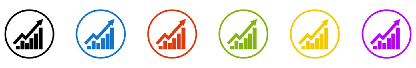 Banner mit 6 farbigen Icons im Kreis: Business Erfolg oder Diagramm