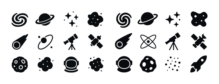 Collection of space icons featuring planets, telescopes, and ast