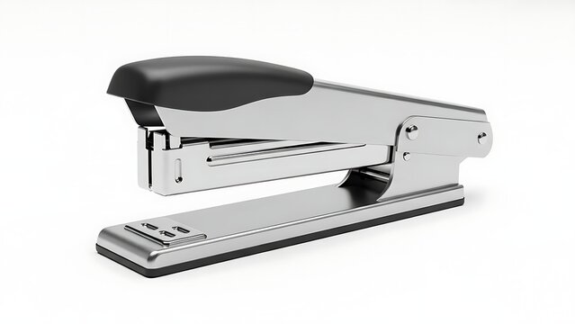 Silver metal stapler with black handle and base office