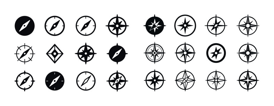 Collection of 24 different black and white compass icon designs