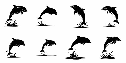 Black Vector Dolphin Silhouettes Jumping Out of Water Splashes Collection for Design Elements and Logos, Isolated on White.