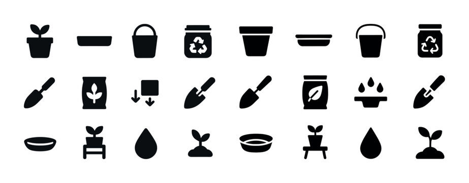 Gardening essentials: icons of pots, tools, and eco-friendly pra