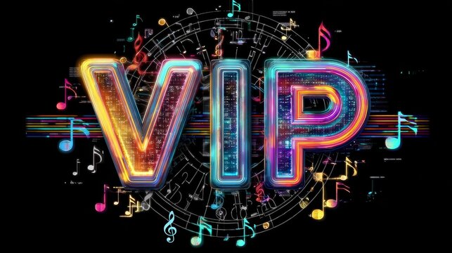 Futuristic VIP logo design with music notes and vibrant colors on black background, featuring musical note shaped large letters for exclusive digital artwork.