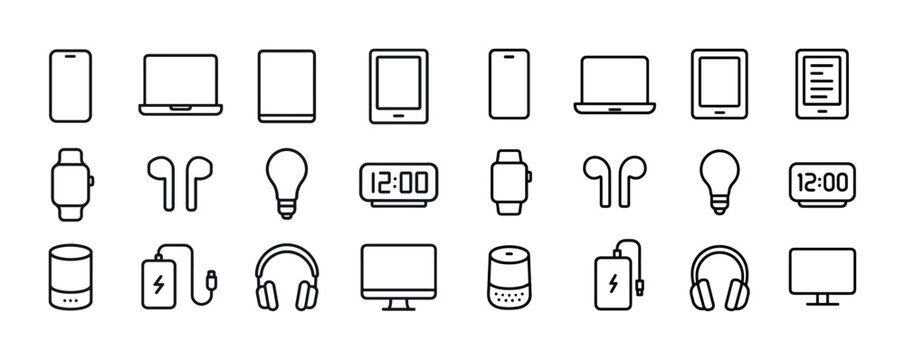 Minimalist outline icons of electronic devices and gadgets