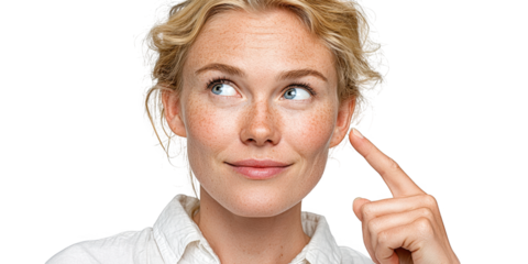 A Thoughtful Individual Contemplating an Idea with a Finger on the Chin, Featuring Natural Beauty and Expressive Gestures, png, isolated on transparent background
