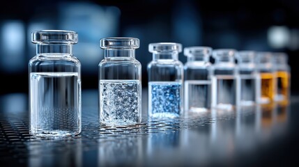 Row of glass vials with water inside glass vials arranged in row filled with water suggesting scientific or laboratory setting