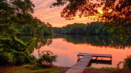 Obraz premium Serene lakeside scene at sunset with warm pink and orange hues reflecting off calm waters,