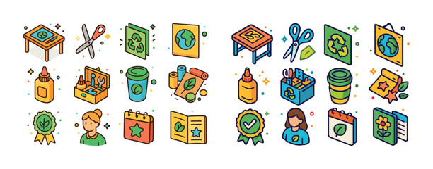 Eco-friendly crafts and activities icons for environmental aware