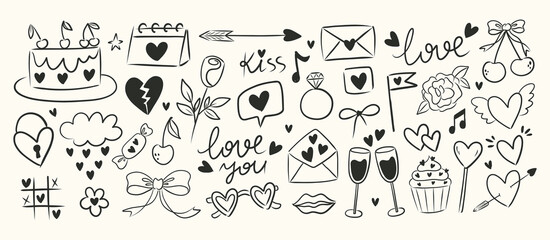 Hand draw whimsical valentines day elements collection.
