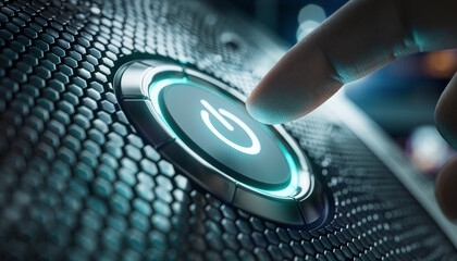 Futuristic Digital Power Button Interface on Hexagonal Surface with Blue Glowing Touch Technology