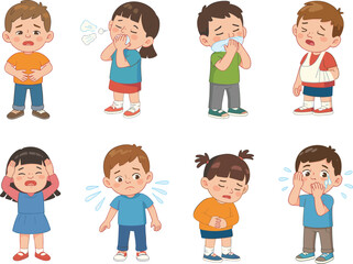 Cartoon children showing illness symptoms including fever cough cold sneezing stomach ache headache injury healthcare illustration set for kids education