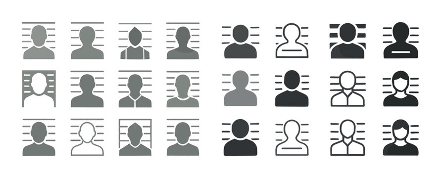 Various mugshot silhouettes in black and white on lineup backgro