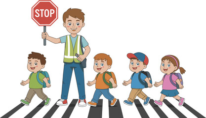 Cartoon illustration of school crossing guard helping children safely walk across crosswalk, educational safety concept for kids, traffic awareness scene
