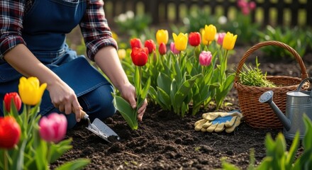 A person in a plaid shirt and apron kneels in a vibrant spring garden, tending to colorful red, yellow, and pink tulips with a small trowel, surrounded by gardening tools.