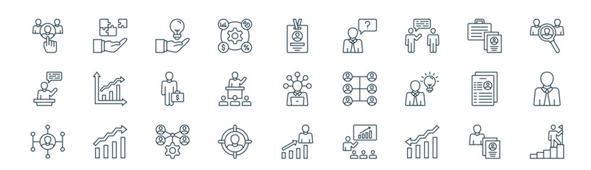 Fototapeta premium modern linear human resources icon set. vector thin line outline symbols for ui/ux app and web interfaces. minimal stroke collection including candidate, problem solving, creativity, portfolio,