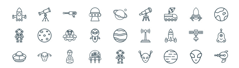 modern linear space icon set. vector thin line outline symbols for ui/ux app and web interfaces. minimal stroke collection including alien, telescope, laser gun, ufo, space robot, alien, astronaut, © XS Works