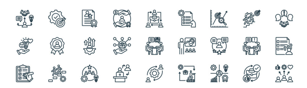 modern linear career development icon set. vector thin line outline symbols for ui/ux app and web interfaces. minimal stroke collection including job satisfaction, mission accomplished,