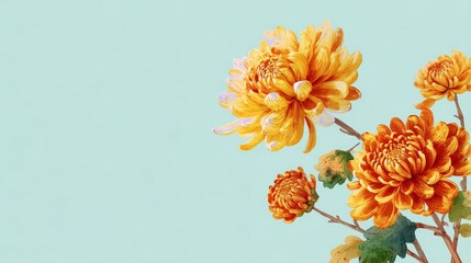 Watercolor chrysanthemum flower in light blue background, featuring orange blooms on the right with soft wash, botanical illustration and delicate floral art.