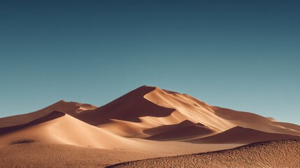 Wide view of desert sand dunes under clear sky, realistic landscape with golden sand, arid terrain and natural pattern, vast horizon in cinematic aspect ratio.