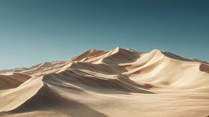 Wide view of desert sand dunes under clear sky, realistic landscape with golden sand, arid terrain and natural pattern, vast horizon in cinematic aspect ratio.