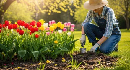 A person in a straw hat and overalls tending to a vibrant garden bed filled with red and yellow tulips on a sunny day.