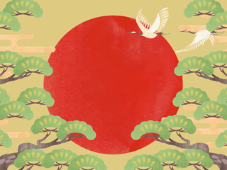 初日の出と松と鶴のフレーム