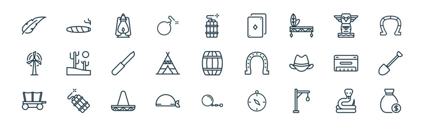 modern linear wild west icon set. vector thin line outline symbols for ui/ux app and web interfaces. minimal stroke collection including snake, cigar, oil lamp, totem, tipi, shovel, ball, money bag. © XS Works