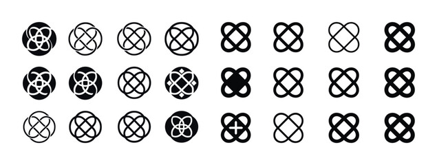 Set of circular geometric knot patterns in black and white