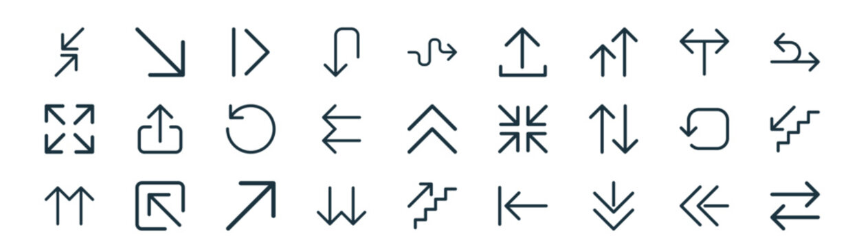 modern linear arrows icon set. vector thin line outline symbols for ui/ux app and web interfaces. minimal stroke collection including left arrow, diagonal arrow, arrow right, t junction, left,