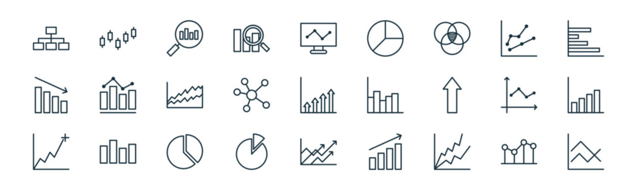 modern linear business graphs and icon set. vector thin line outline symbols for ui/ux app and web interfaces. minimal stroke collection including line graph, graph, analytic, line graph,
