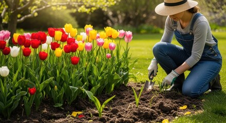 A woman in a straw hat and overalls is tending to a garden bed filled with colorful tulips on a sunny day, digging in the soil with a small trowel.