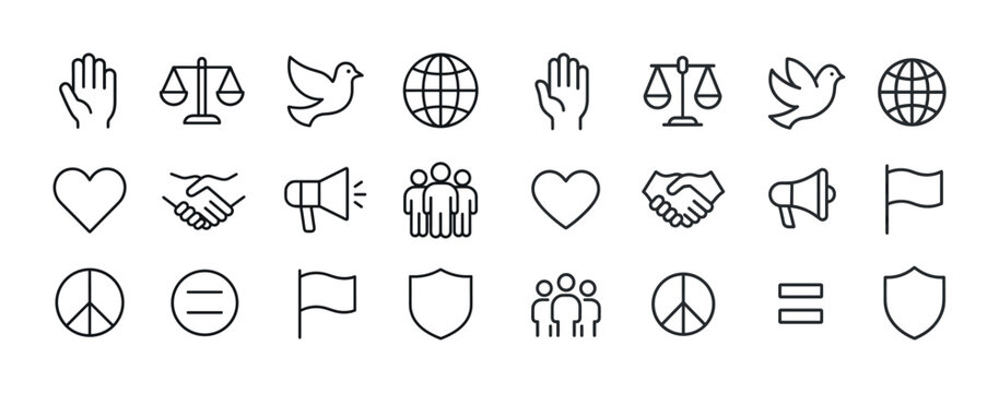 Collection of simple line icons representing peace, justice, uni