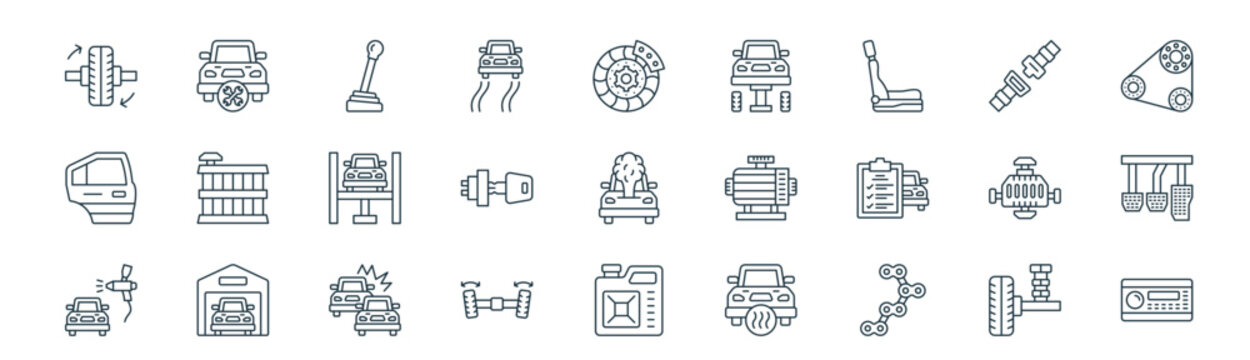 modern linear car maintenance icon set. vector thin line outline symbols for ui/ux app and web interfaces. minimal stroke collection including damper, repair, gear stick, seat belt, ignition, car