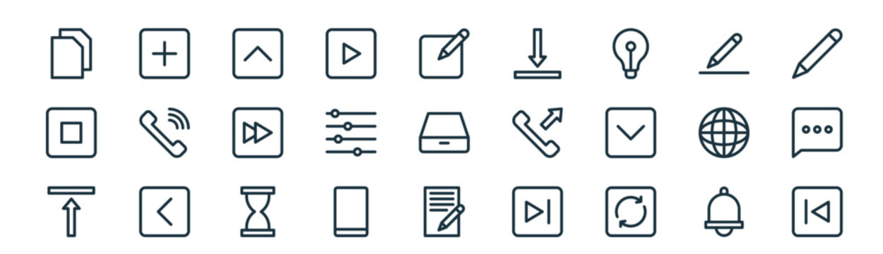 modern linear interface icon set. vector thin line outline symbols for ui/ux app and web interfaces. minimal stroke collection including bell, plus, up arrow, pencil, equalizer, message, edit,