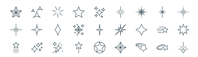Fototapeta premium modern linear stars sparkle icon set. vector thin line outline symbols for ui/ux app and web interfaces. minimal stroke collection including star, sparkle, star, star, sparkle,