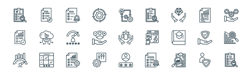modern linear assessment icon set. vector thin line outline symbols for ui/ux app and web interfaces. minimal stroke collection including reliability, score, standards, report, attitude, diligence,