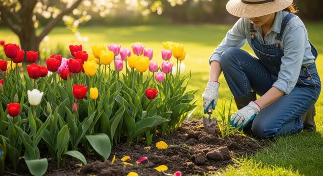 A person in a straw hat and denim overalls tending to a colorful garden bed filled with vibrant red, yellow, and pink tulips on a sunny day. - Powered by Adobe