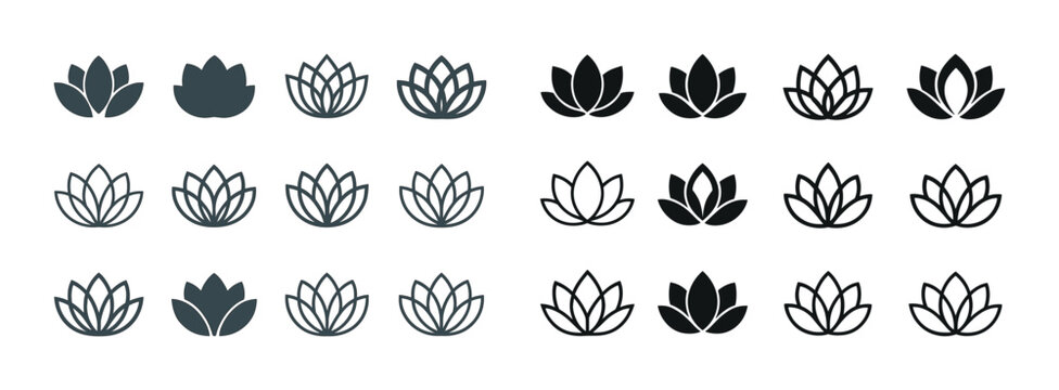 Collection of minimalist lotus flower icons in various styles an