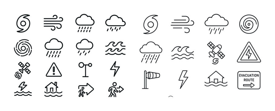 Weather and disaster icons collection: rain, wind, storms, alert