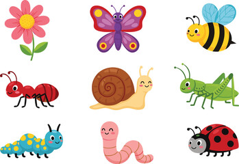 Cartoon, insect, bug, flower, bee, butterfly, ant, snail, worm, caterpillar, ladybug, colorful, cute, smiling, nature, garden, children, vector, illustration, design