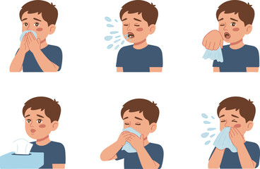 Cartoon sick boy sneezing and blowing nose, allergy symptoms, cold flu illness, runny nose, child health care illustration set for medical use