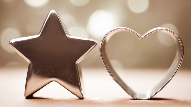 Two metallic cookie cutters, one star-shaped and the other heart-shaped,