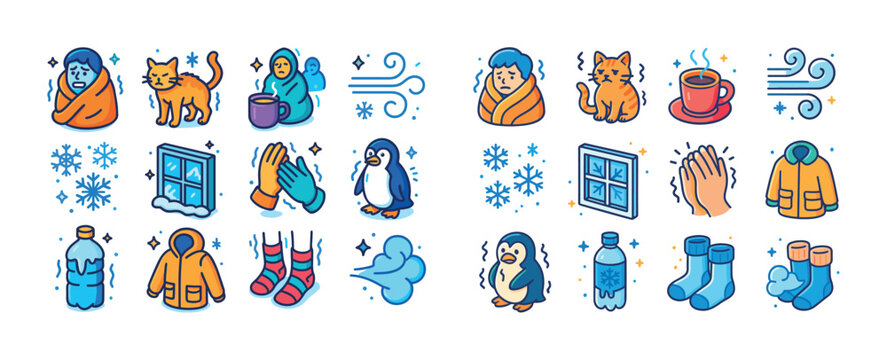 Cozy winter icons featuring people, animals, and seasonal items