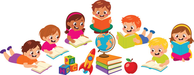 Cheerful cartoon kids reading books together, colorful educational learning scene with children, globe, toys, school supplies, early childhood education concept