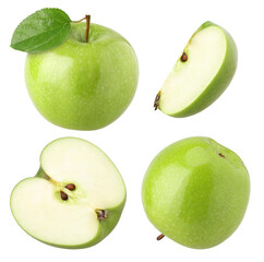 green apple with leaves (granny smith apple), half and slices isolated, transparent PNG, PNG format