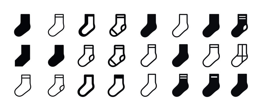 Variety of black and white sock icons in different shapes and st