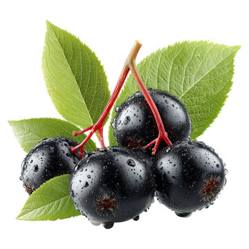 Black elderberry fruit on green branch concept. Fresh black chokeberries with leaves, glistening with dew.