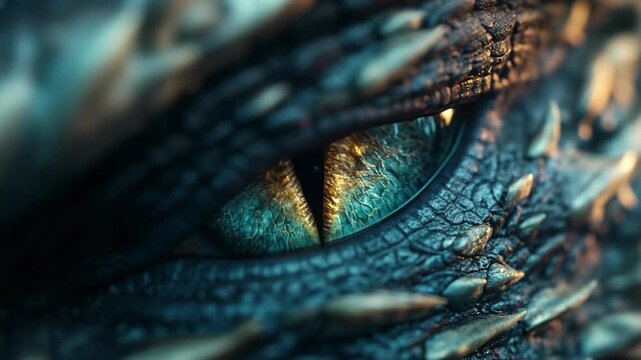 A close up of a realistic dragon eye with glowing yellow iris and textured reptilian scales, shining in dramatic cinematic light, fantasy power, mythical creature strength, mystery and imagination.