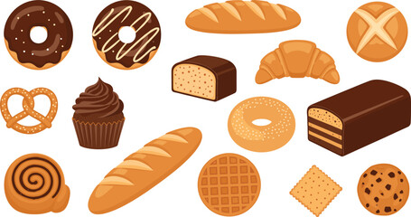 A diverse vector collection of baked goods, including chocolate donuts, baguettes, croissants, cupcakes, waffles, and cookies, representing patisserie, dessert, and breakfast food concepts