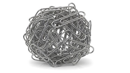 Tangled metal paper clips in a ball paperclip silver